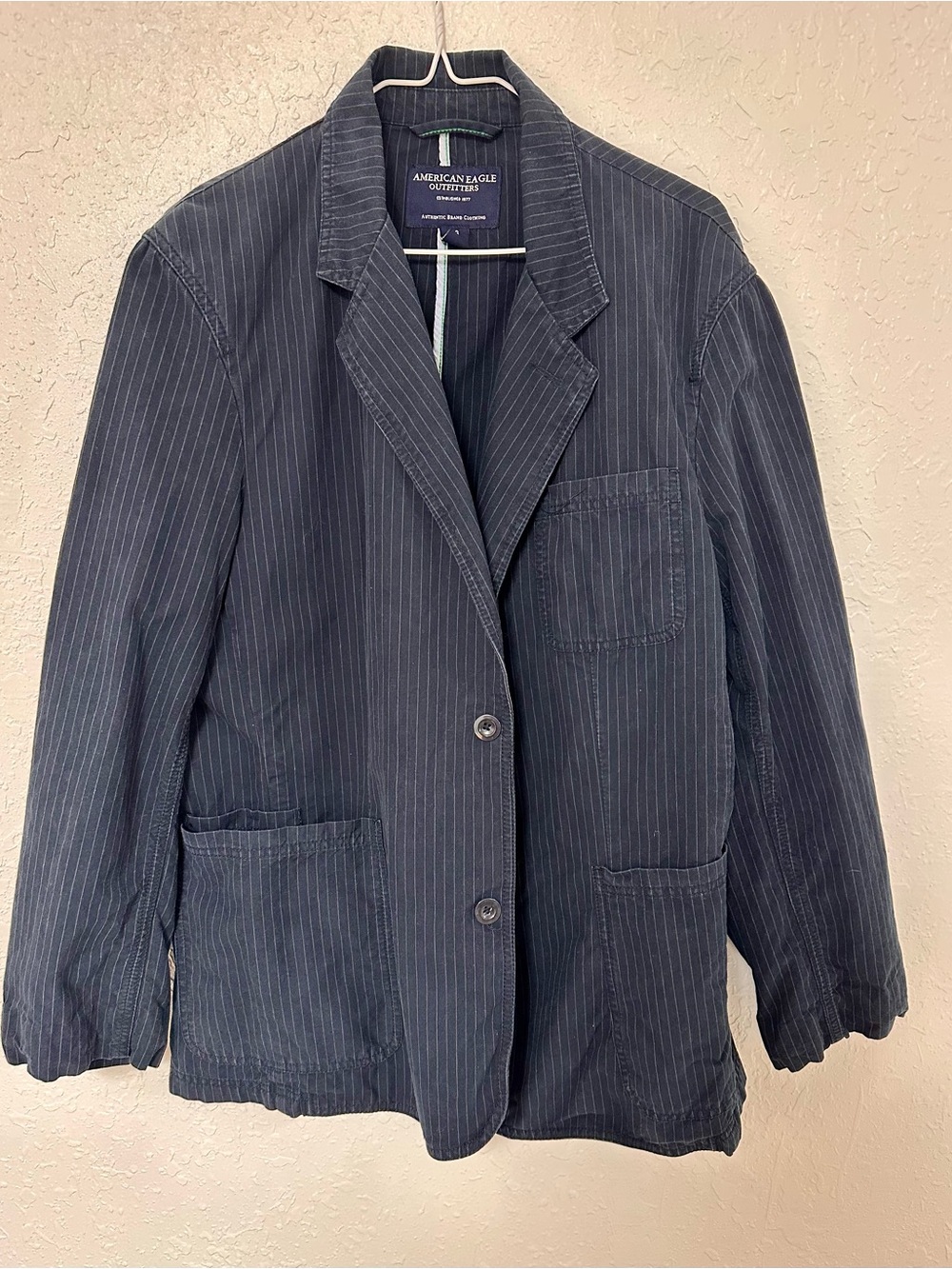 American Eagle Mens Pinstripe Casual Blazer Jacket Size Large Patch Pockets